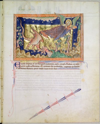 Die Frau flieht, während die Erde das vom roten Drachen ausgespuckte Wasser verschluckt, aus der Gulbenkian-Apokalypse, ca. 1265-70 von English School